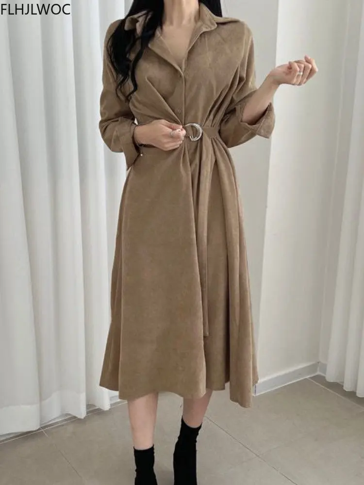 

New Design Japan Style Women Chic Korea Basic Wear Casual Robe Solid Vintage Long Shirt Dress Belt Lace-Up Vestidos