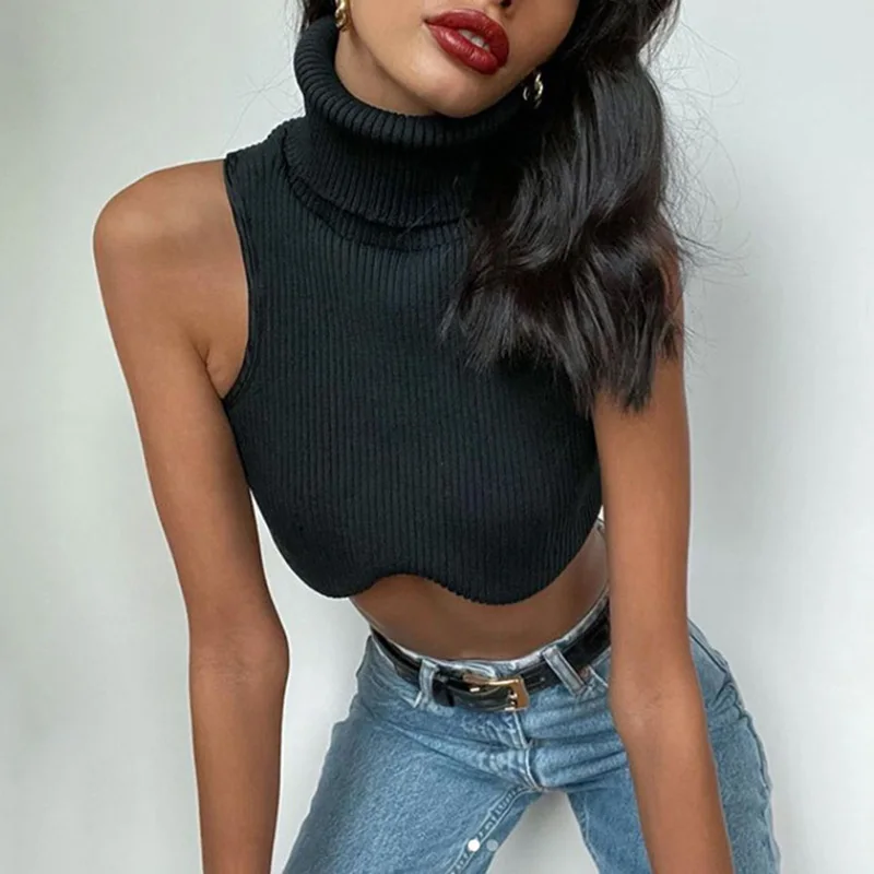 

Y2k Knitting Turtleneck Crop Tops Black Women Sexy Irregularity Skinny Elasticity Tank Top Ins Fashion Club Tanks Streetwear