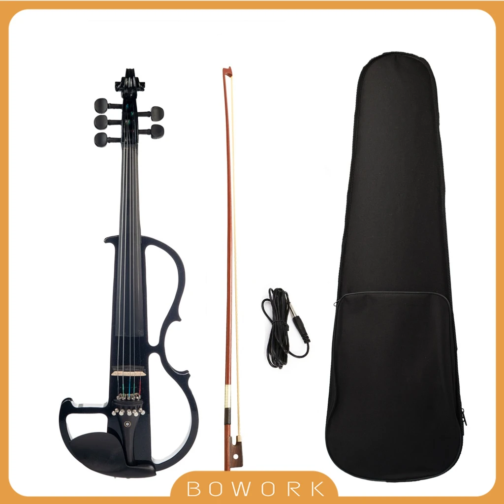 5 Strings Electric Violin 4/4 Size Silent Violin Ebony Accessories 4/4 Brazilwood Bow & Fiddle Bridge & Carry Protecting Case