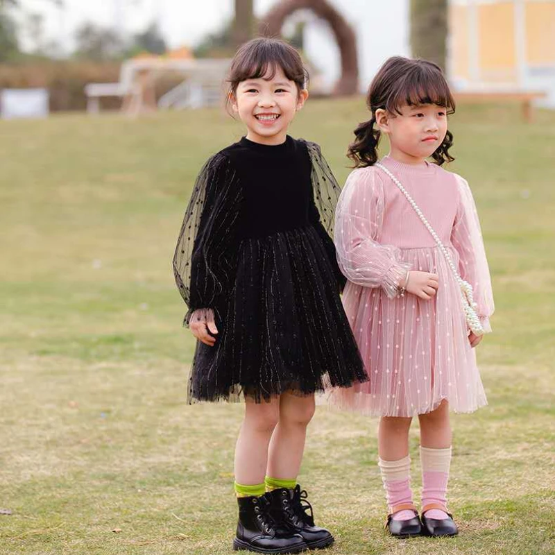 

Toddler Baby Girl Dress Pink Black One-piece Dress Girls' Gauze Skirt Air Bubble Sleeve Knitted Gauze Skirt