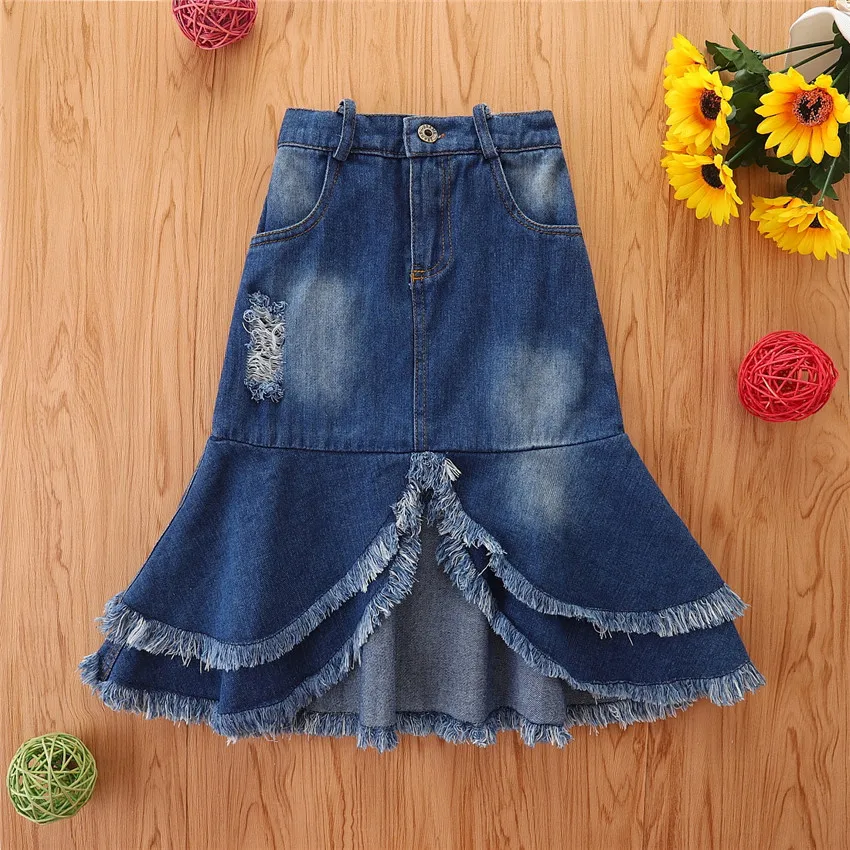 

2022 Autumn New Fashion European and American Style Kids Clothing Kids Denim Skirts Girls Mid-length Skirts Boutique Clothing