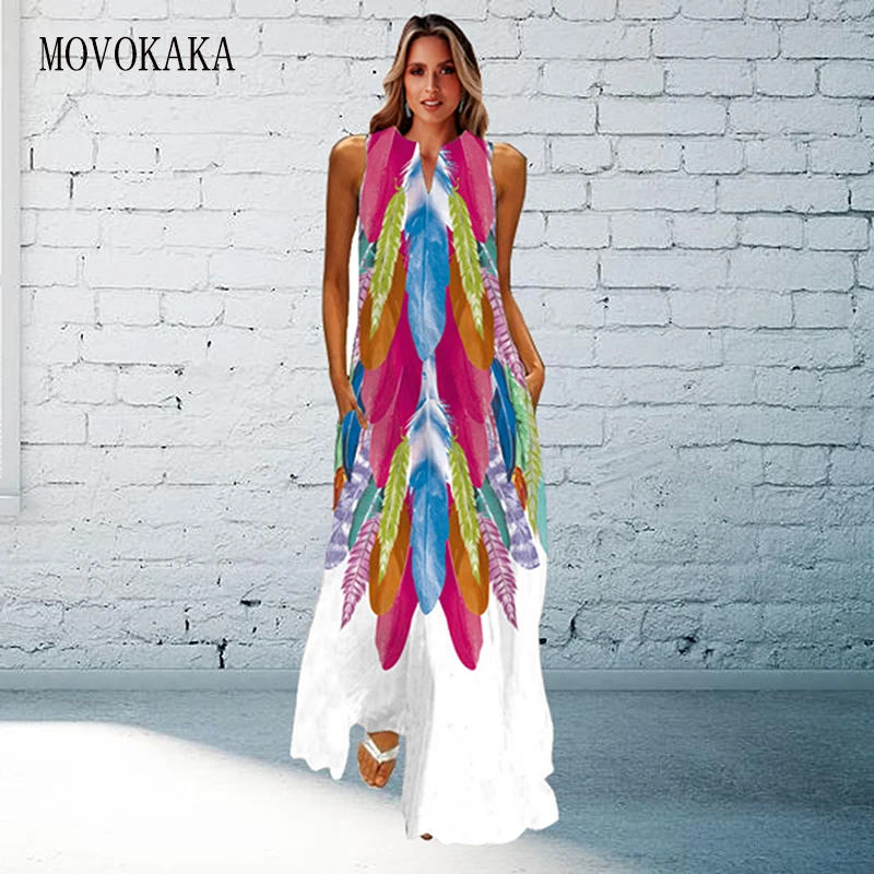 

MOVOKAKA Woman Summer Long Dress Beach Casual Holiday Slim Vestids Party Feather Print Elegant Sleeveless Loose Dresses Vintage