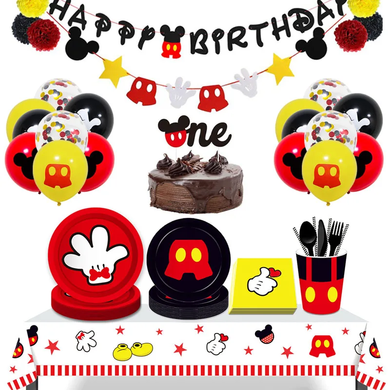 

Mickey Mouse Theme Party Banner Party 8 People Disposable Plate Napkin Cup Cake Toppers for Kids Favor Flag Decoration Gifts