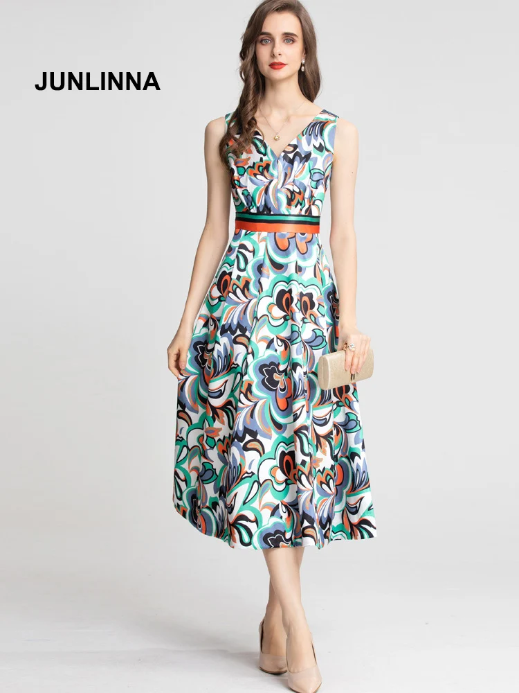 

JUNLINNA Runway Fashion Women Dresses Summer New V Neck Sleeveless Midi Expansion Vestidos Geometric Printed Sliming