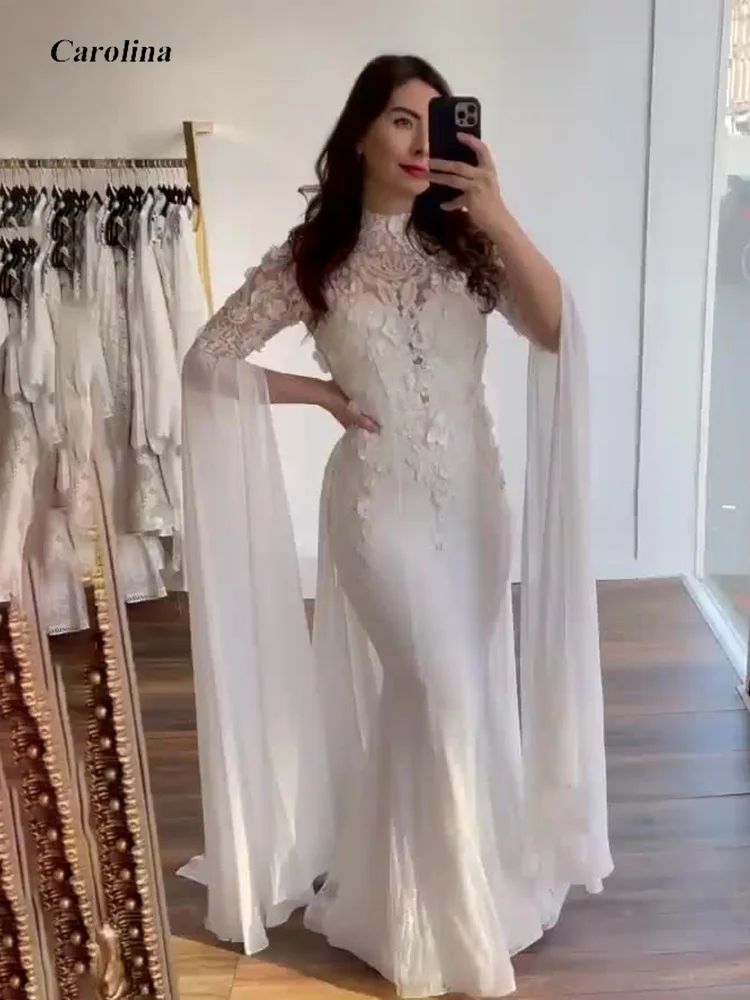 

High Neck Prom Gowns Mermaid Chiffon Appliques Billowing Sleeves Occasion Dress Robe De Soirée Women Elegant Evening Party Dress