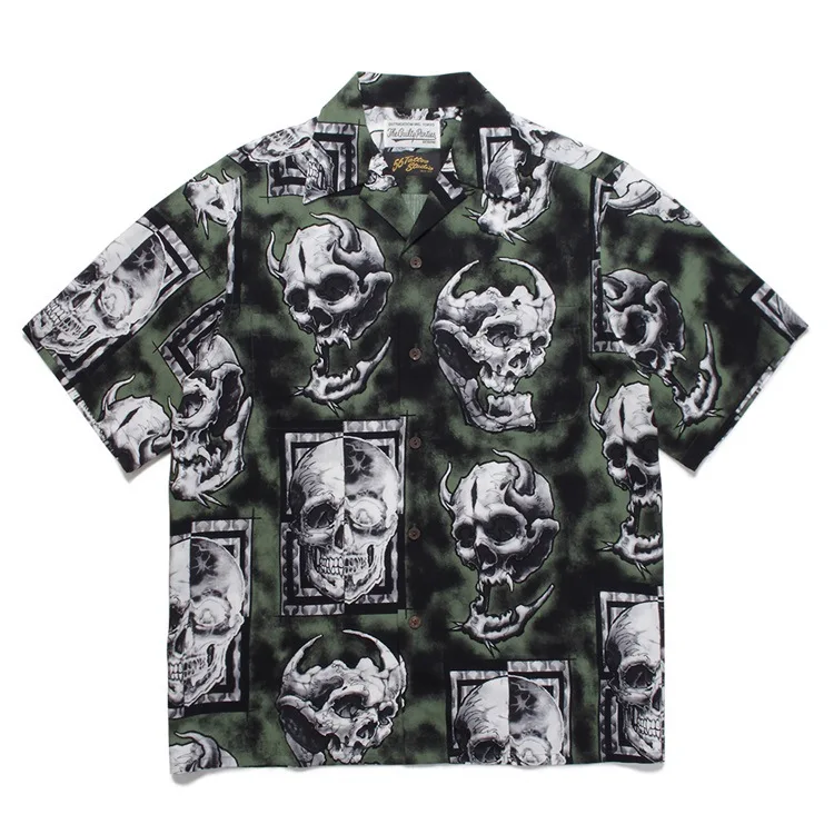 

Men Loose Casual Summer Guiltyparties Tiger 56 Tattoo Studio Skull Ghost Wacko Maria Hawaiian Graffiti Short Sleeve Shirt