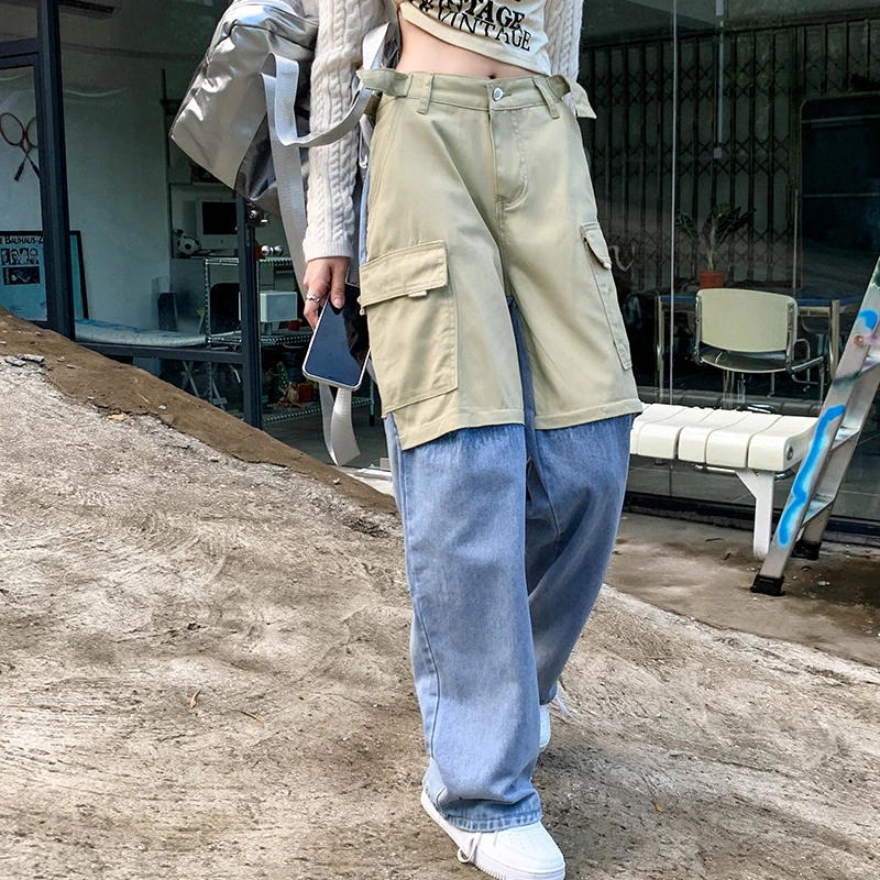 Fashion New Patchwork Baggy Jeans Women Streetwear High Waist Straight Multi-pocket Denim Cargo Pants Boyfriend