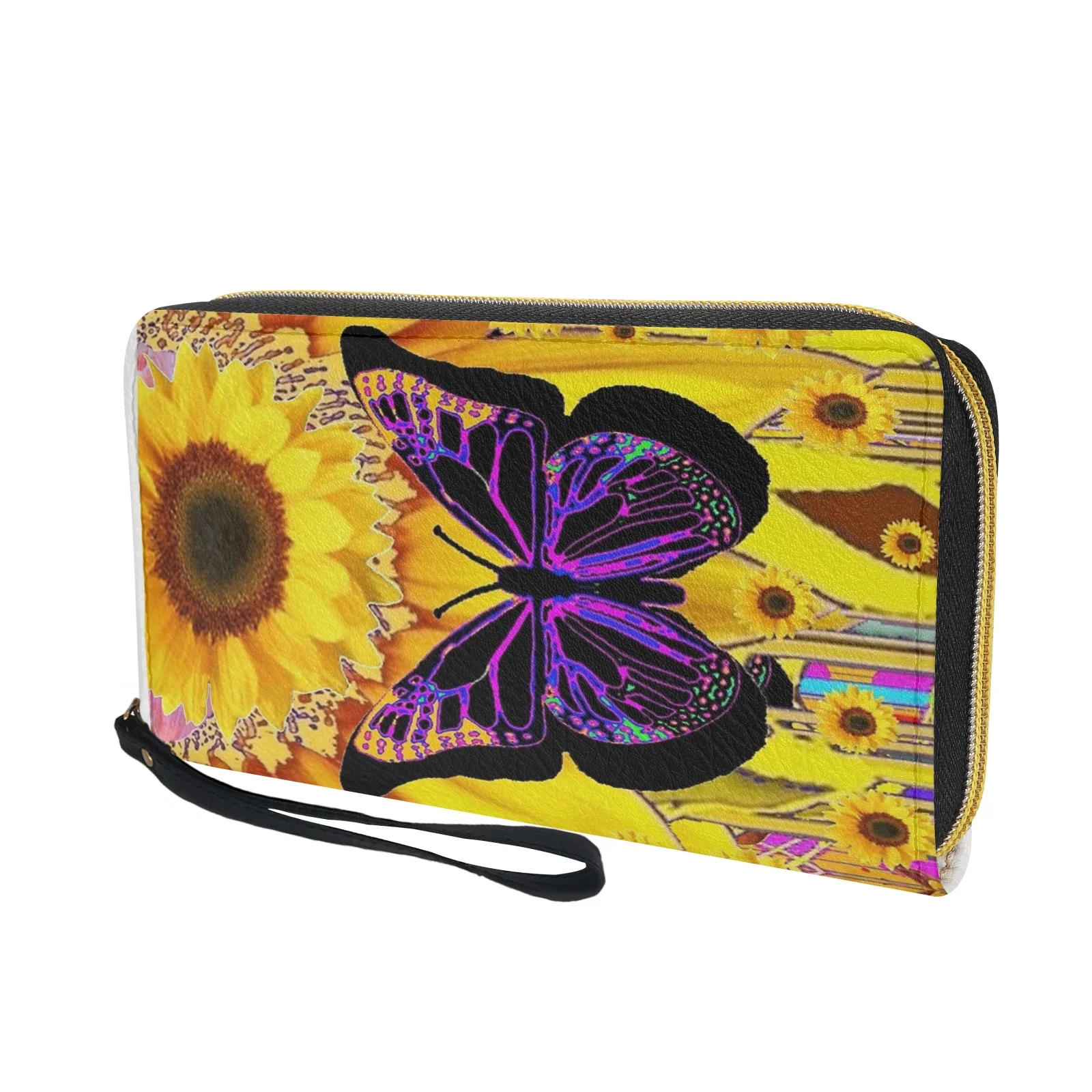 Belidome Sunflower Butterfly Wristlet Wallet for Women Leather RFID Blocking Zip Around Card Holder Organizer Travel Cluth Bags