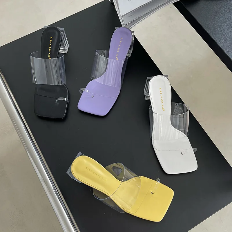 

Shoes Transparent Slippers Low Luxury Slides Rubber Flip Flops Square heel Women Heels Pantofle Designer Hawaiian Soft Block Hig