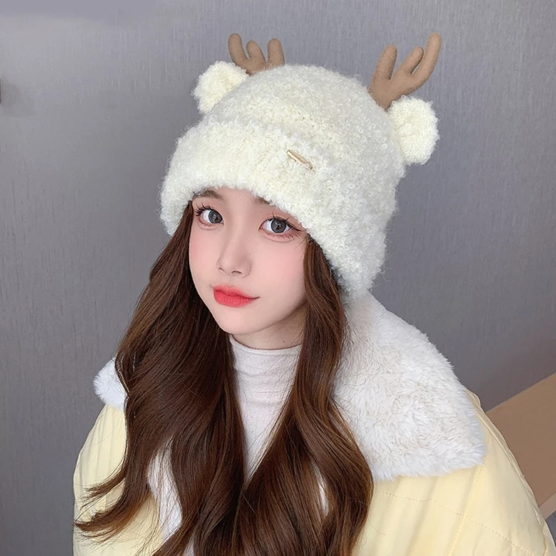 

Y2k Christmas Antler Shape Winter Hat Polyester Hats for Adult Fluffy Ear Protects Hats Adult Shopping Skiing Cycling