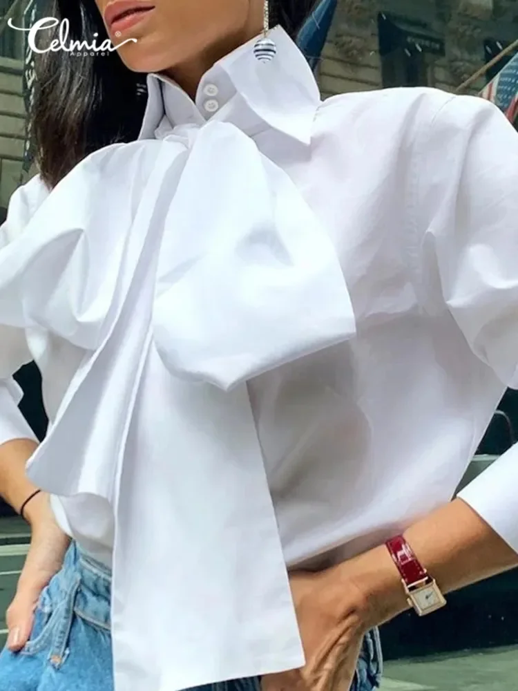 

Celmia Women Bow Tie Neck White Shirts 2023 Long Sleeve Chemise Casual Elegant Party Blouse Solid Blusas Tops Femininas