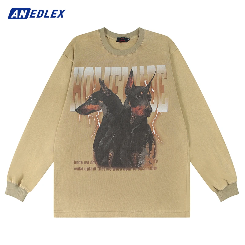 

Hip Hop Men T-shirt Streetwear Doberman Graphic Print T-shirt Harajuku Cotton Vintage Tops Autumn Casual Loose Long Sleeve Tees