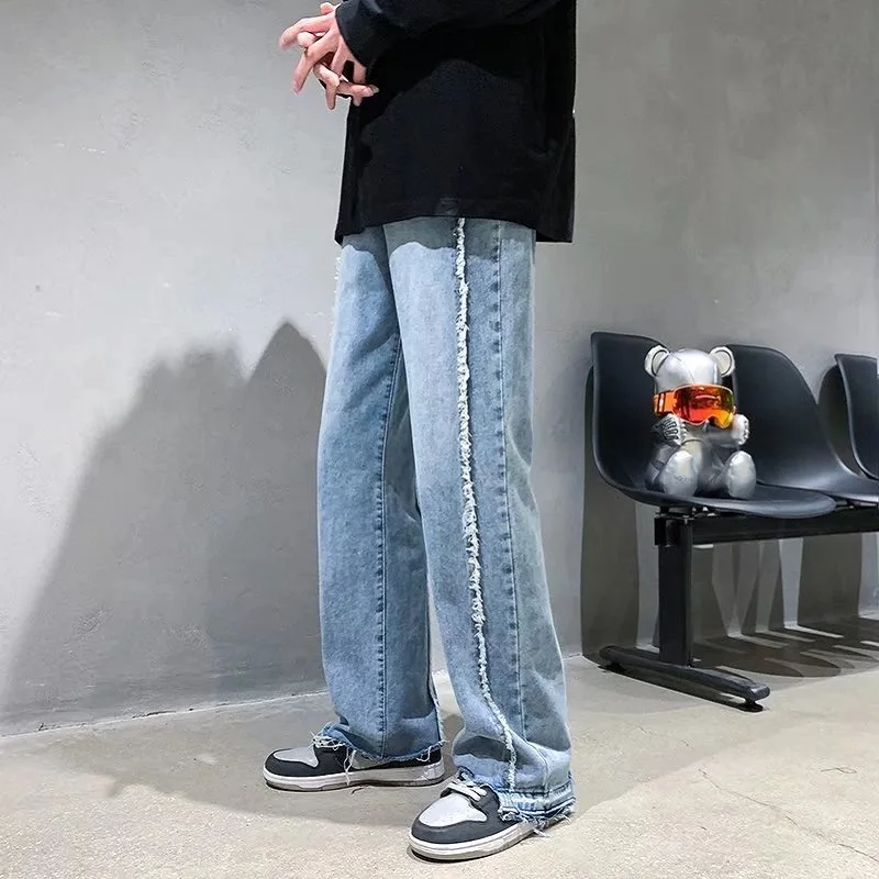 Мужские Модные Синие рваные джинсы в стиле пэчворк Корейском свободные