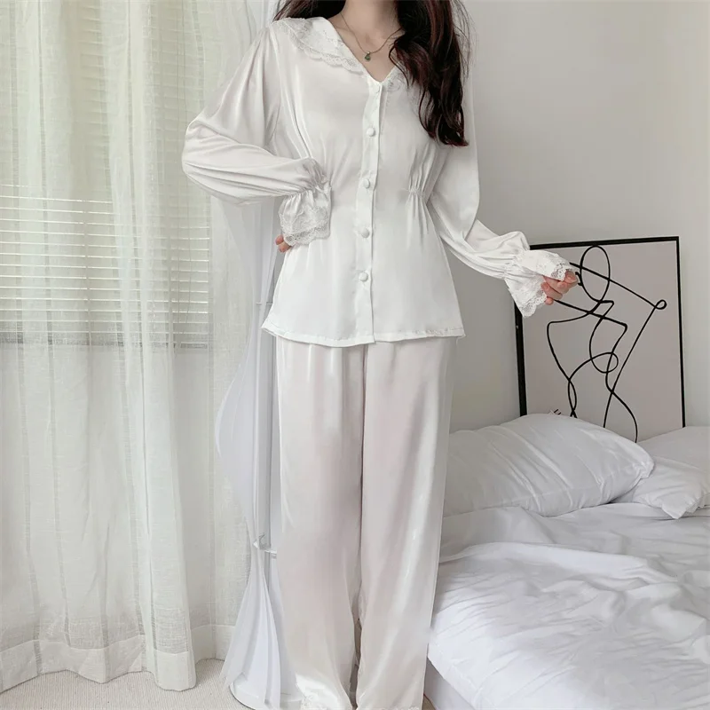 Two-Piece Set Women Pajamas Spring Summer Thin Silk Satin Trouser Suit Sleepwear Pijamas Casual Sweet Trouser Suits Homewear