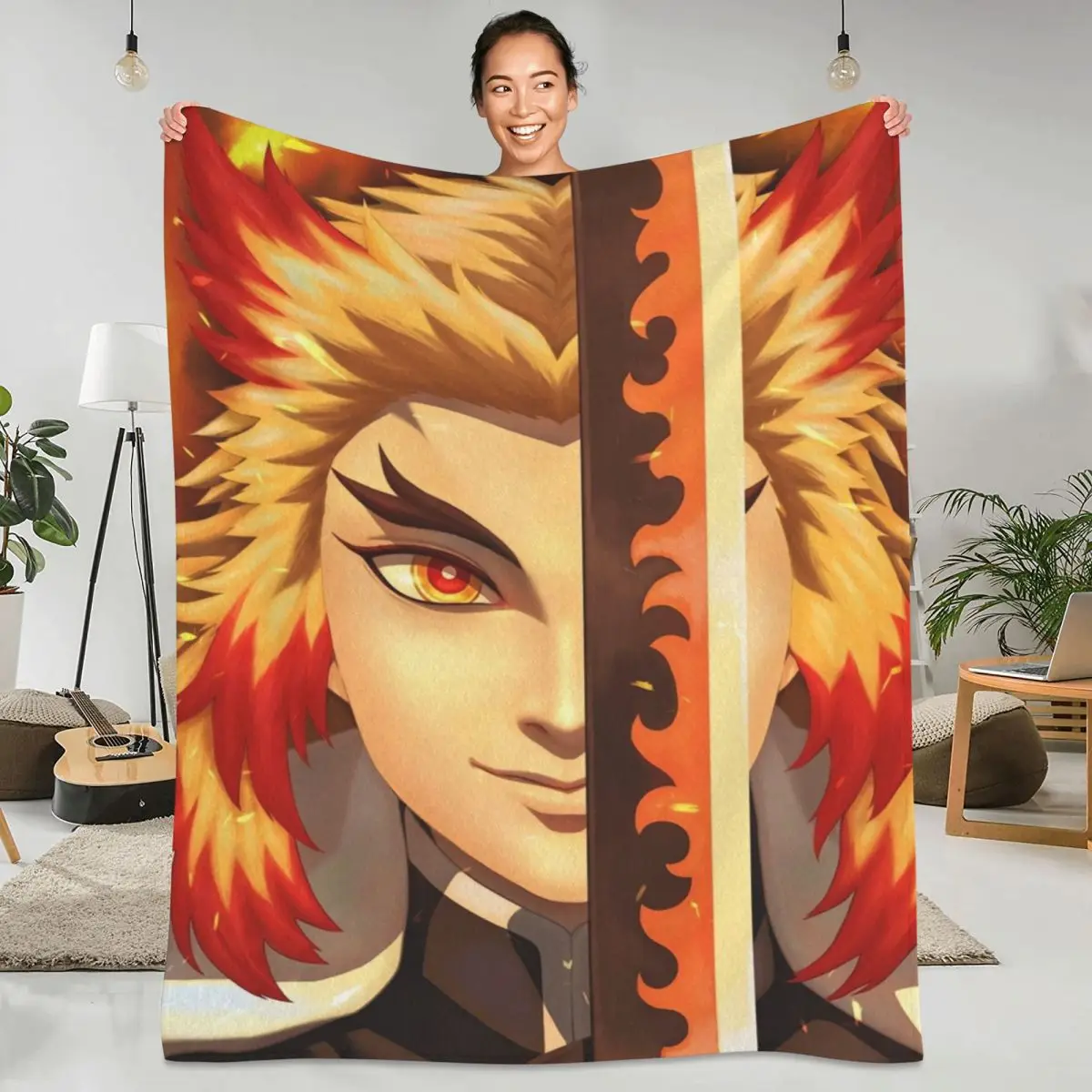 

Anime Demon Slayer Flannel Blanket Rengoku Kyojuro Super Warm Throw Blanket for Couch Bed Travelling Bedspread Sofa Bed Cover