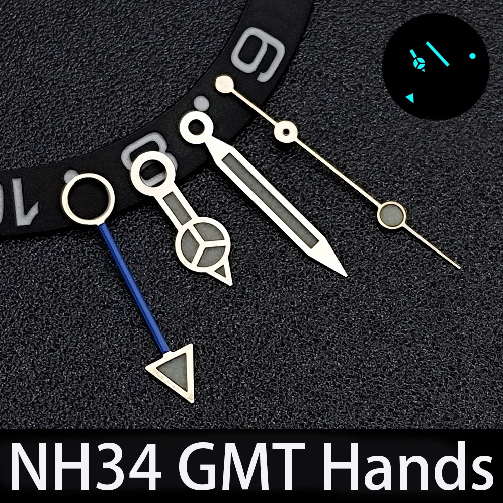 Фото Новые стрелки для часов NH34, сине-зеленые, светящиеся, указатель GMT, подходят для автоматических механизмов NH34 и NH35, запчасти для мужских часов. №3
