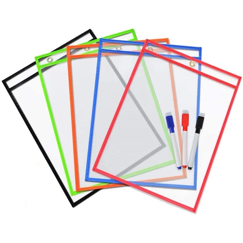 

5Pcs Dry Erase Ticket Holder Pockets Reusable Paper Sleeves Sheet Protectors For Classroom Home Office,Dry Erase Markers