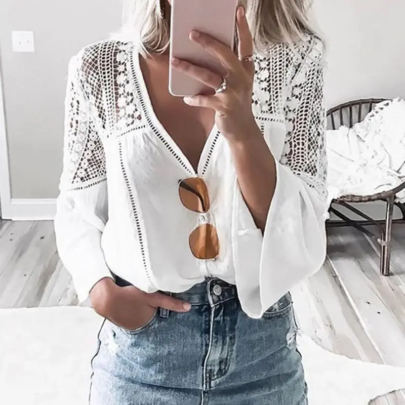 

TEELYNN White Lace Blouses Women Top Vintage V Neck Flare Sleeve Hollow Summer Blouse Shirt 2022 Casual Boho BlusasBoho