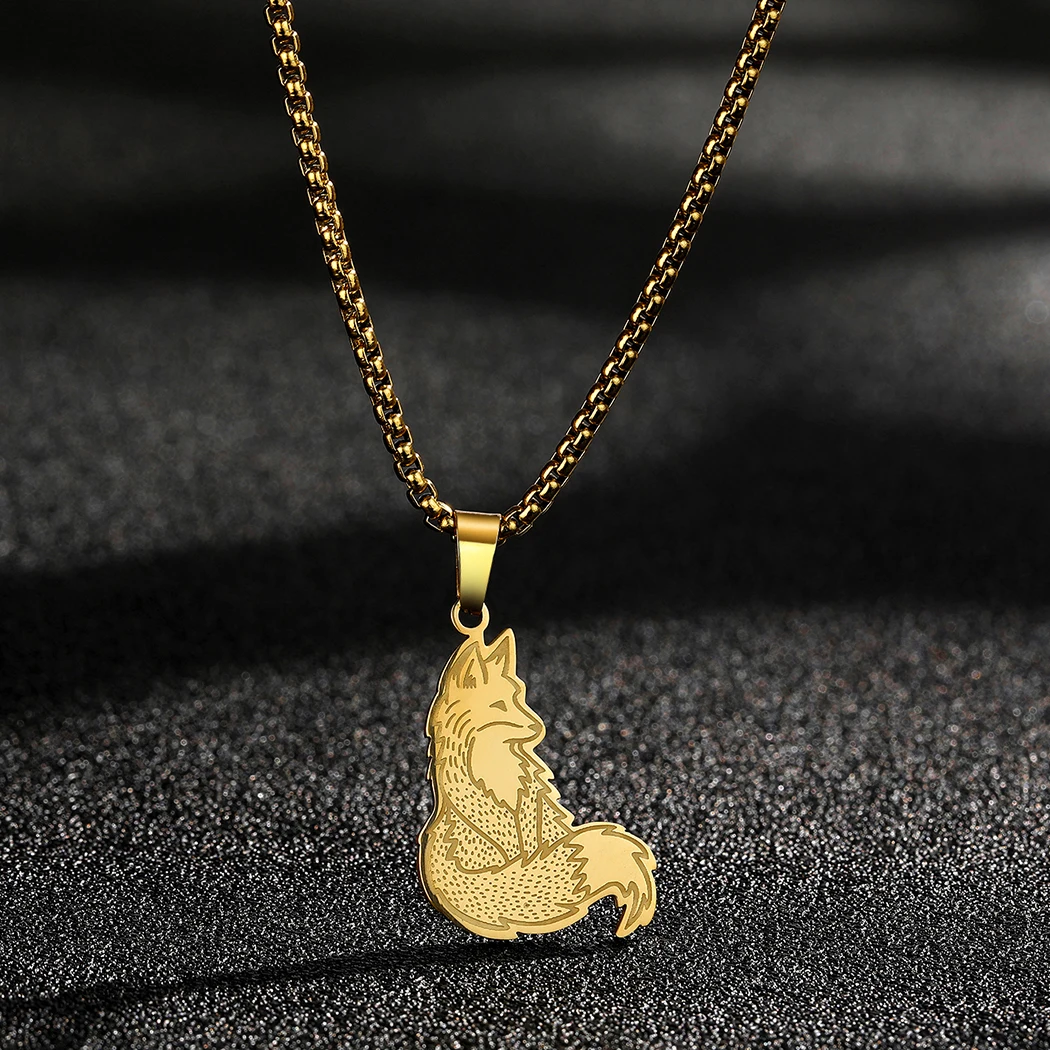 LUTAKU Viking Stainless Steel Charm Fox Pendant Necklace For Women Men Dainty Animal Handmade Jewelry Choker Birthday Gift
