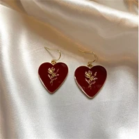 cool dark red heart with gold rose 14k gold plated hook drop dangle handmade earrings fashion earrings for women gift for her