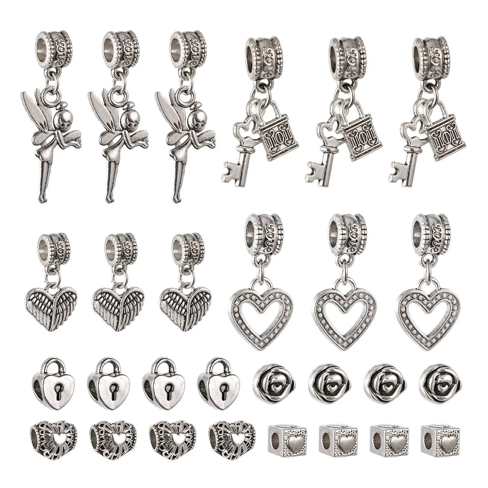 

100pcs/box 8 Style Alloy European Beads Spacer Bead Large Hole Beads Rose Flower Lock Fairy Wing Heart for Jewelry Making