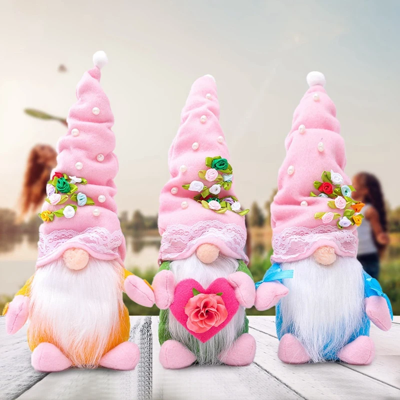 

3PC Valentine's Day Decorations Gnome Top Hat Pearl Flower Faceless Doll Gift Fabric Doll Forest Elderly Decoration