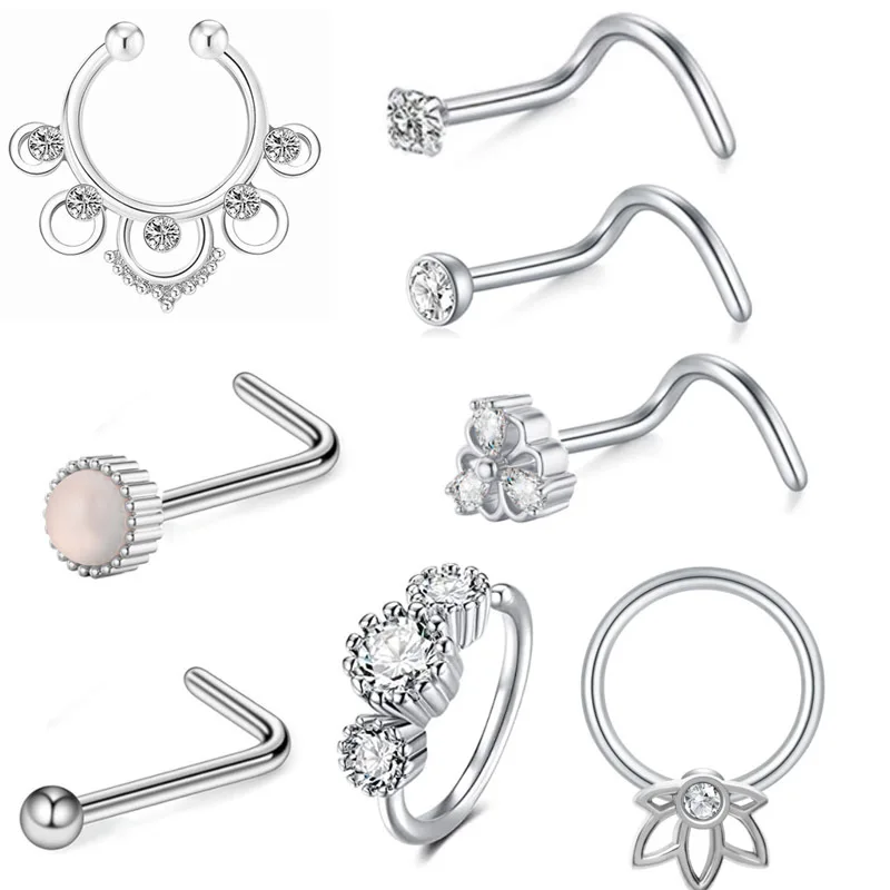 

8PCS/SET Women Girls Stainless Steel Nostril Screws Nose Ring Flowers Septum Piercing Ear Tragus Cartilage Helix