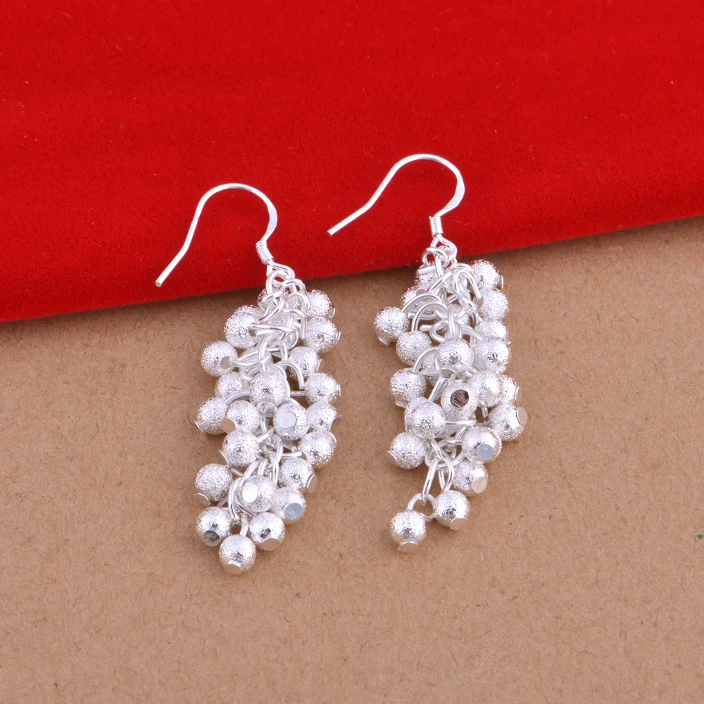 Оптовая продажа, висячие серьги с посеребренным покрытием для женщин, свадебные украшения, длинные серьги, серебряный цвет, матовый бисер, дизайн в виде виноградной струны