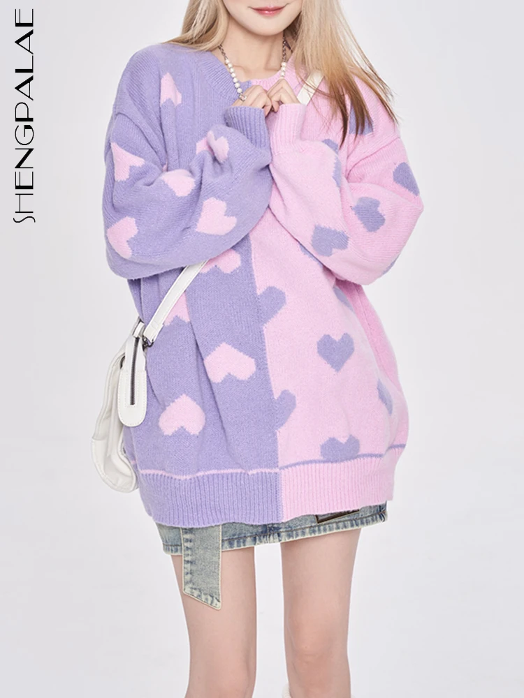 

SHENGPALAE Fashion Contrast Color Sweater For Women Heart Design Round-neck Full Sleeve Knitting Pullover Autumn 2023 New 5R5110