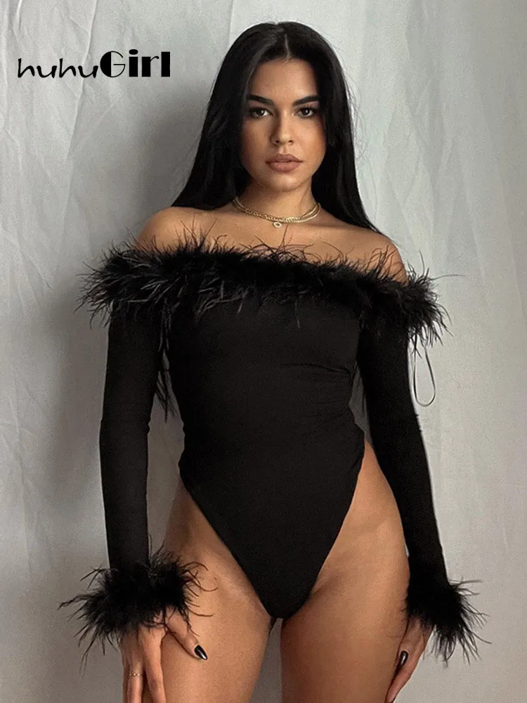 

Huhugirl Casual Off Shoulder Skinny Bodysuit Jumpsuits Women Rompers Fashion Feathers Bodysuits Female Streetwear Party Catsuit