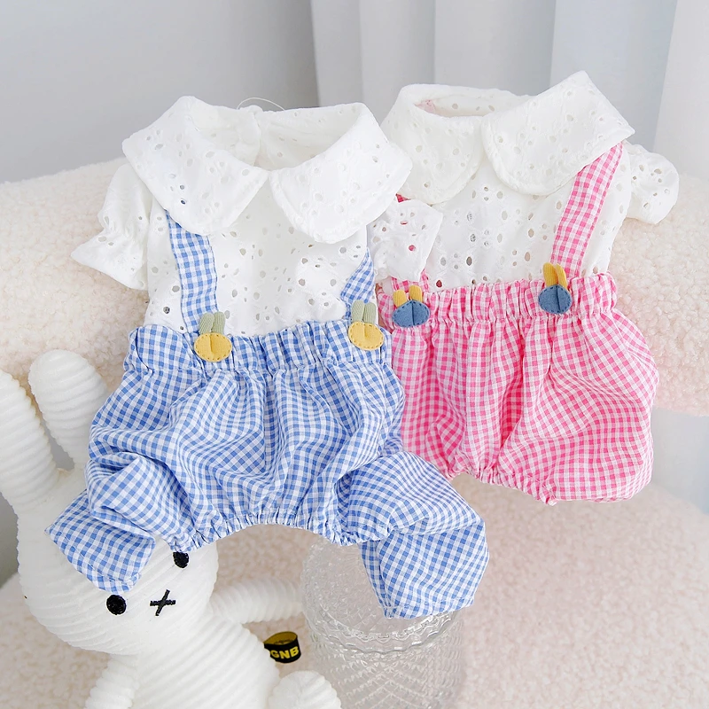 

Plaid Blue Outfit Pet Pomeranian Shih Tzu Small Dogs Cute Pink Spring Rabbit Clothing For Bloomer Summer Pants With Jumper Shirt