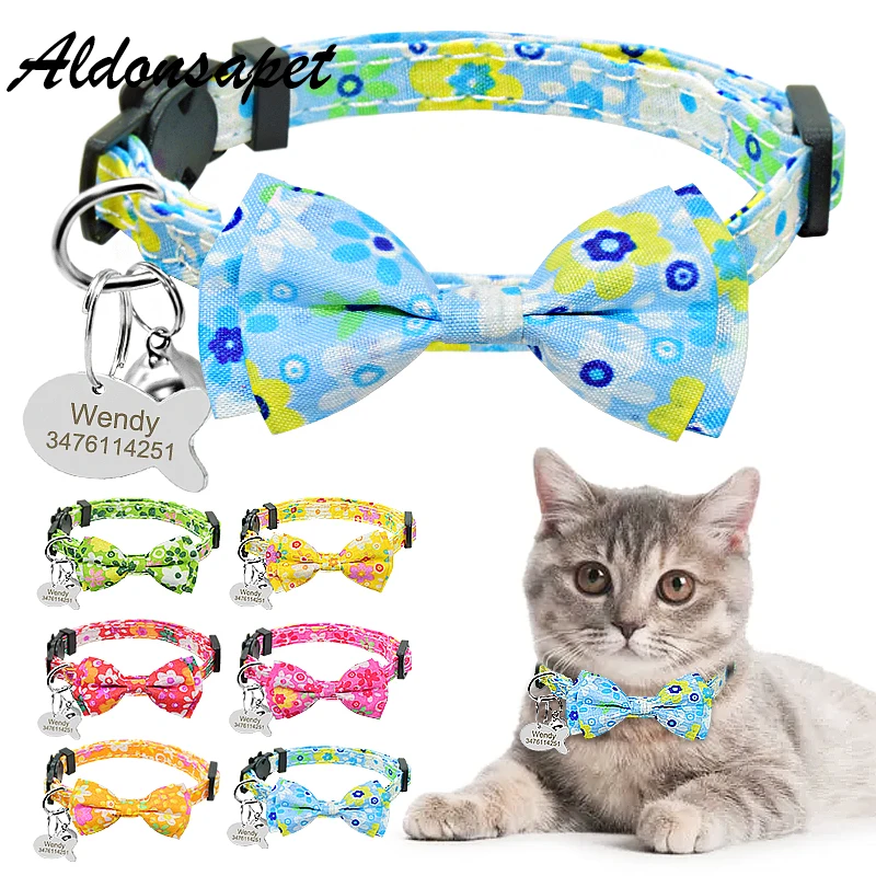 

Printed Bowtie Cat Collar Personalized Name Fish Shape Tag Cat Collar Bell Custom Nameplate Cute Bowknot Cat Collar Necklace