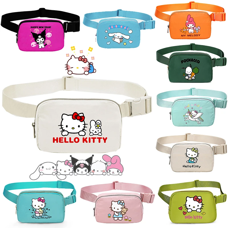 

Сумка через плечо с рисунком аниме Hello Kitty Kuromi Melody Cinnamoroll, мультяшная поясная сумка, нейлоновая нагрудная сумка, уличная спортивная универсальная сумка для бега