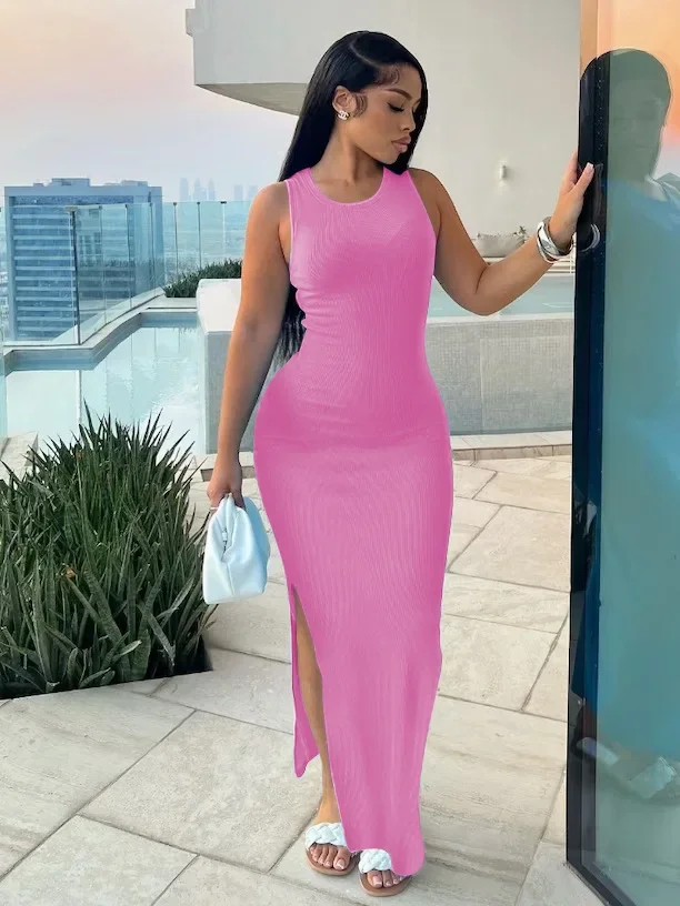 Женское облегающее платье без рукавов с круглым вырезом и высокой талией