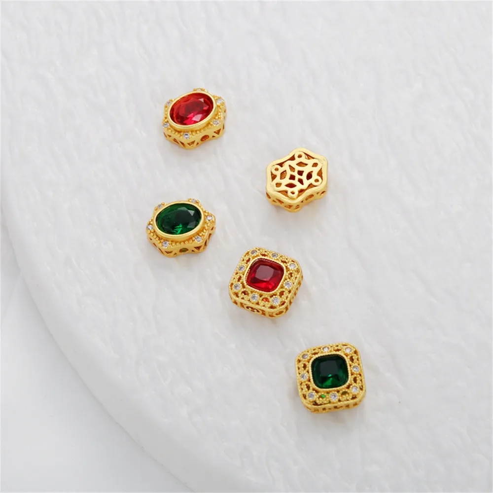 

18K gold-coated square zircon hollow through-hole separated beads 12mm dumb gold diy bracelet necklace with loose beads