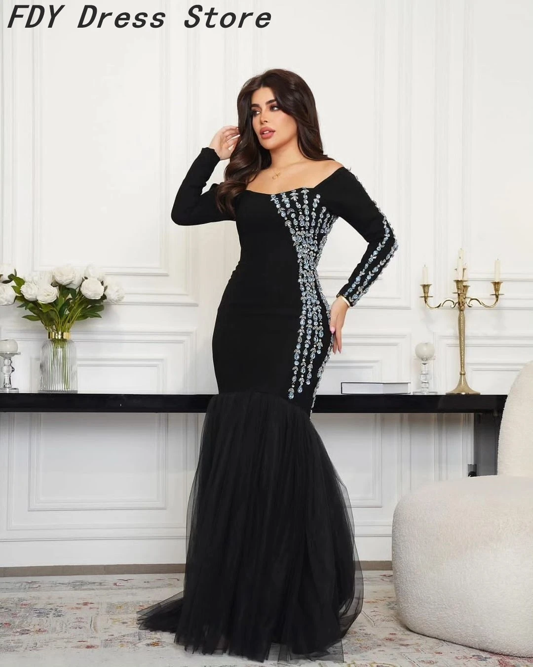 

Винтажное вечернее платье-русалка, черные платья с длинным рукавом для выпускного вечера, женское официальное платье с бисером