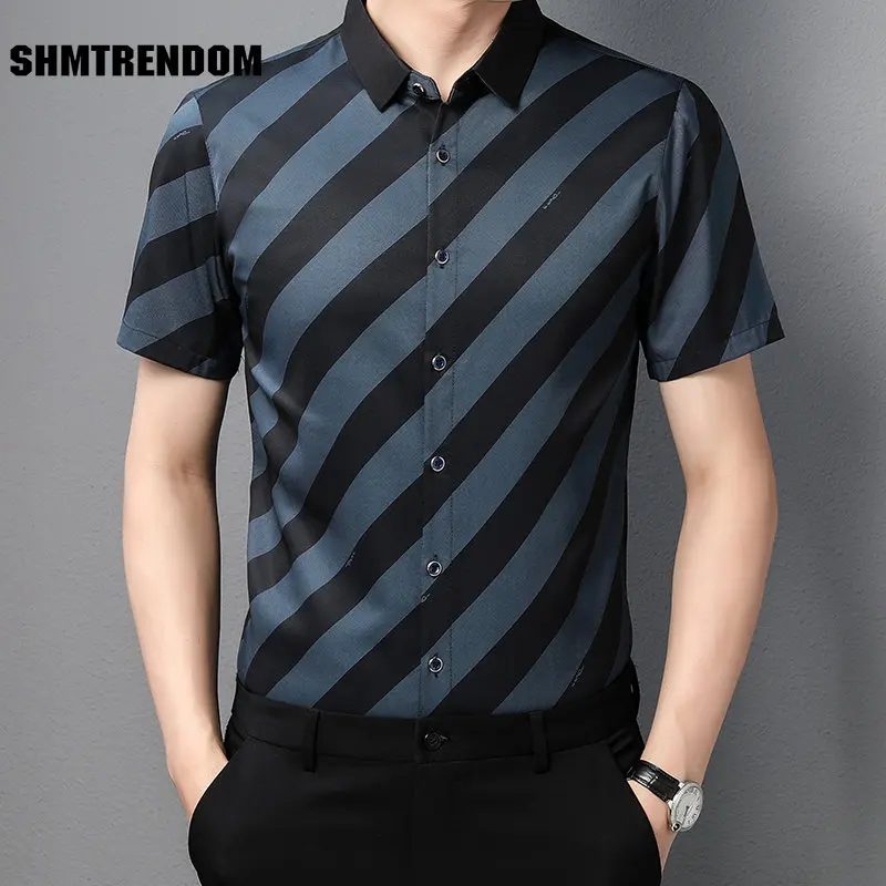 

Diagonal Stripes High-End Luxury Seamless Short Sleeved Shirt Men Summer New Quality Smooth Comfortable Silky Cool Chemise Homme