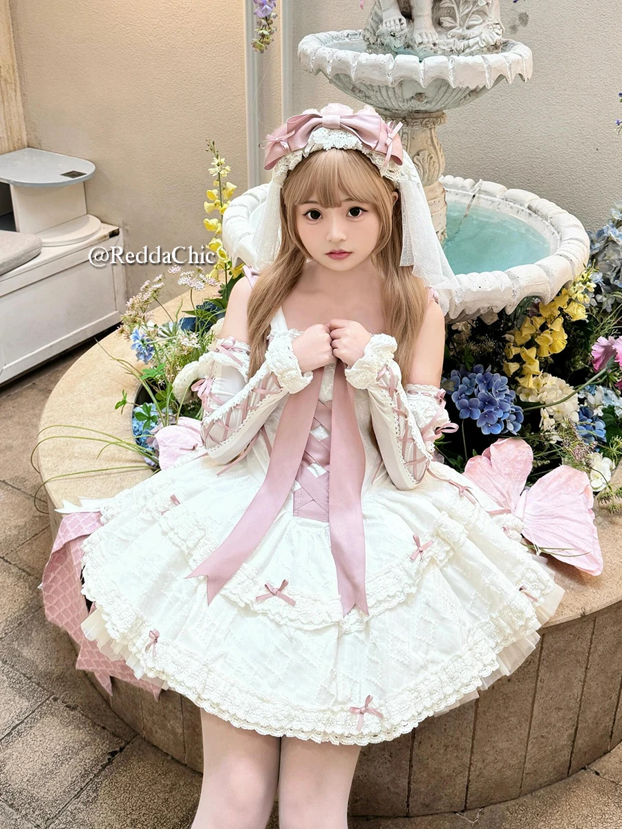 Женский жаккардовый комплект мини-платья REDDACHiC Kawaii с кружевной отделкой бантом