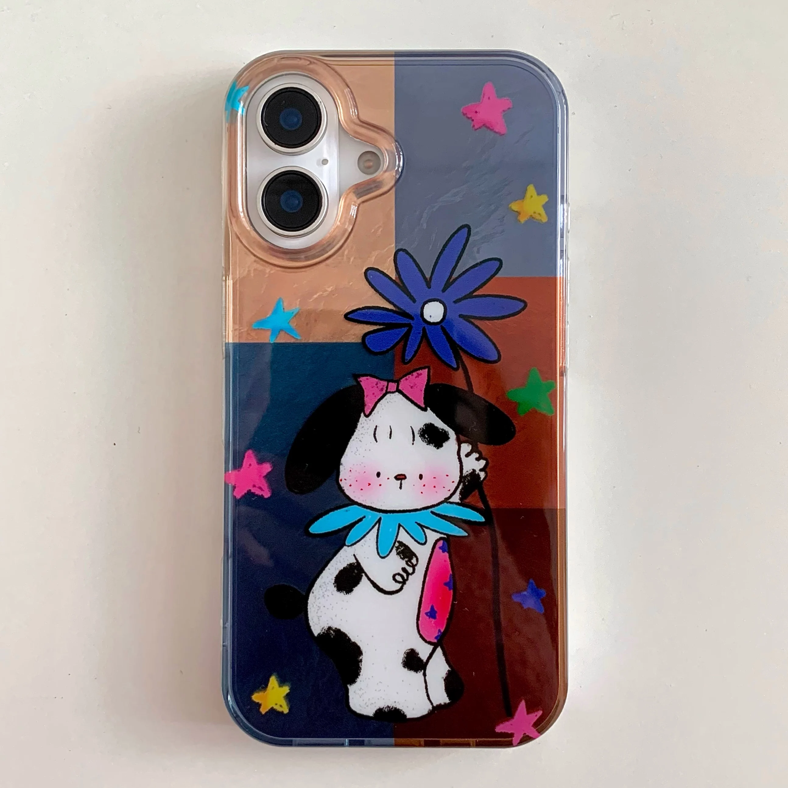 Cartoon INS Ripple Texture Double Layer Dog Splicing Checkers Phone Case for iPhone 16 15 14 13 Pro Max Back Cover Capa