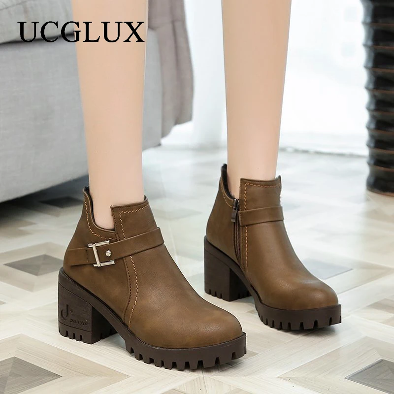 

Женские ботильоны на высоком каблуке с ремешком и пряжкой, Нескользящие кожаные ботинки, женские однотонные теплые короткие ботинки на осе...