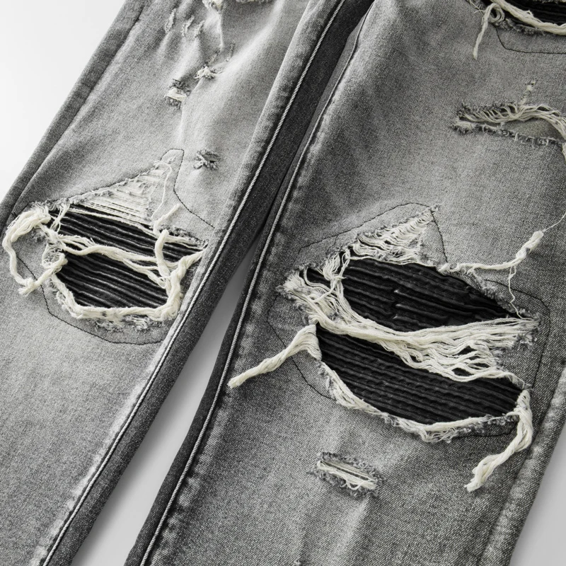 High Street Fashion Men Jeans Retro Gray Elastic Stretch Skinny Ripped Jeans Men Leather Patched Designer Hip Hop Brand Pants