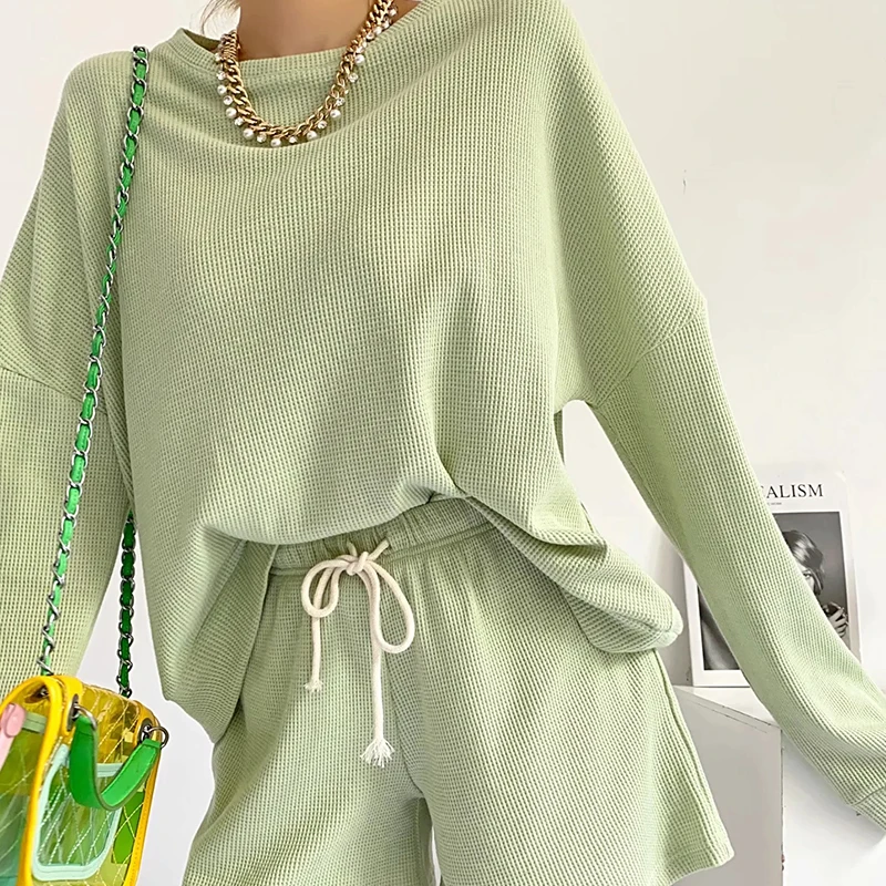 

Waffle Sports Suit Solid Color 2022 Summer Thin Round Neck Sweater Long Sleeve High Waist Drawstring Loose Casual Shorts New y2k
