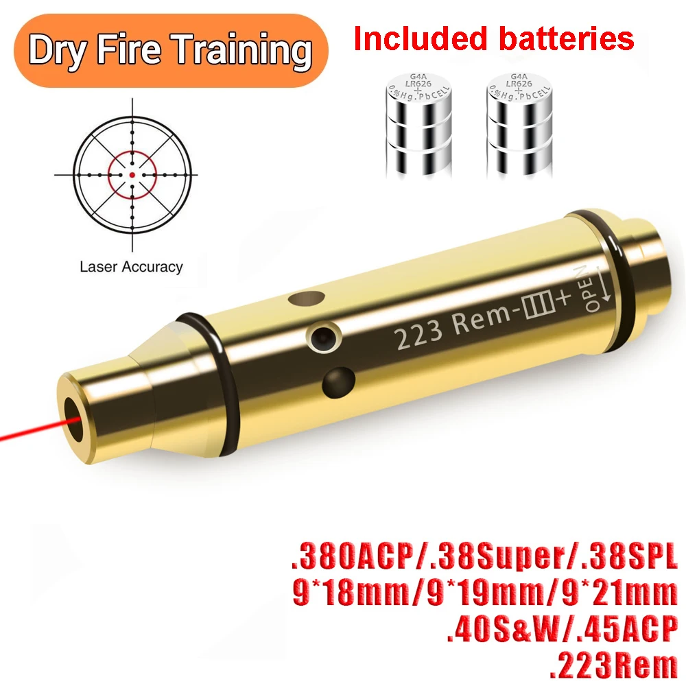 

Tactical Dry Firing Training Laser Bullet 9mm Bore Sight Cartridge 38SPL .380ACP 40S&W .45ACP 223Rem Red Dot Laser Boresighter