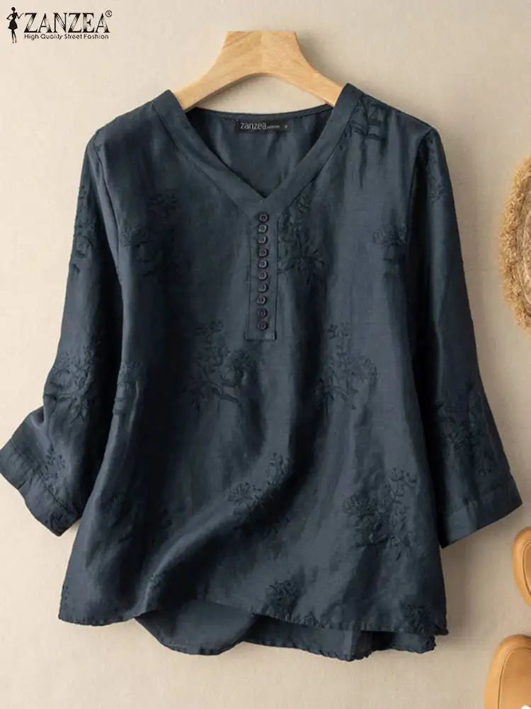 

ZANZEA Leisure 3/4 Sleeve Tunic Tops Casual Loose Embroidery Flowers Blouses Women 2023 Summer Cotton Solid Color V Neck Shirts