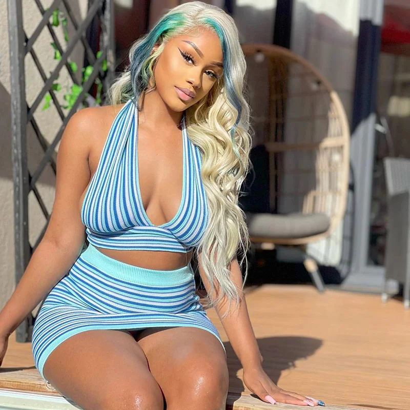 

Женский комплект из 2 предметов Zabrina, топ с V-образным вырезом и мини-юбка в полоску и с принтом знаменитостей, костюм-двойка, 2022