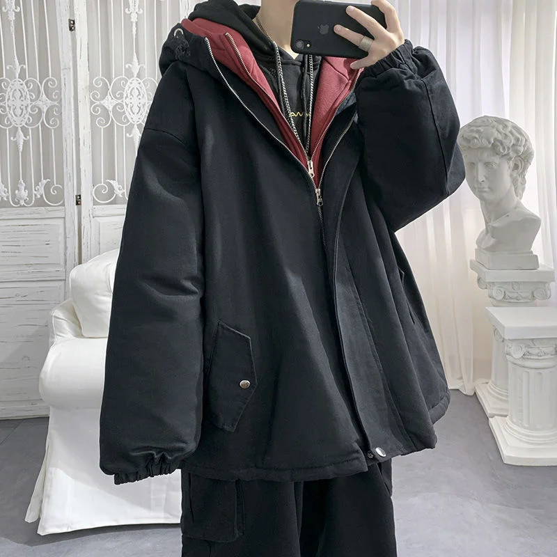 Winter Jacket Men Warm Fashion Casual Thicke Hooded Jackets Men Streetwear Loose Short Coat Mens Fake Two Pieces Coat M-2XL