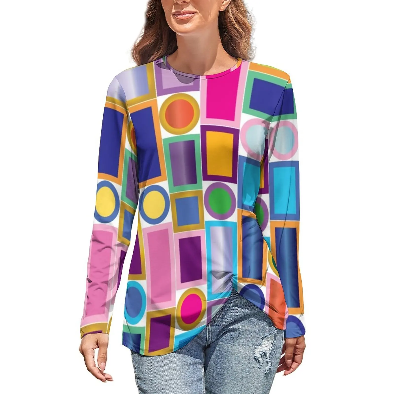 

Mid-Century Color Bling T Shirt Geometry Streetwear Long Sleeve T-Shirts Print Funny Tee Shirt Ladies Oversize Top Tees