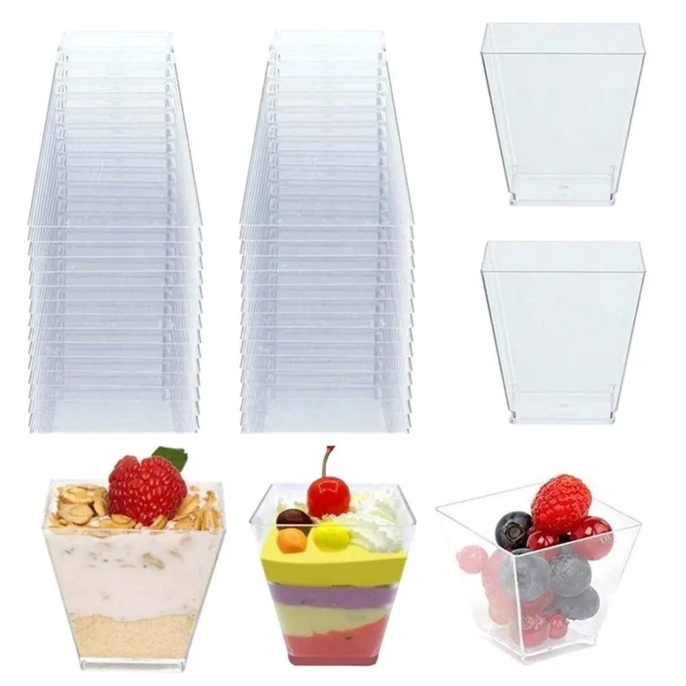 

50/100pcs Plastic Mini Dessert Cups Cups 60ml Reusable Square Jelly Mousses Appetizer Cup Food Container Party Birthday Decor
