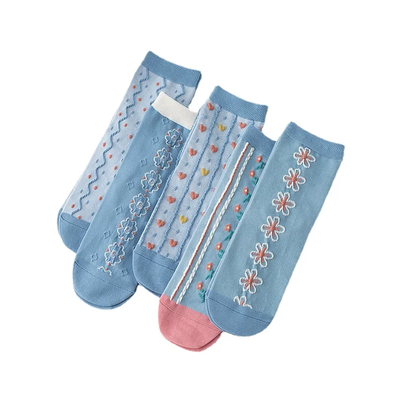 New girl socks Korean version of Harajuku wild kawaii cute retro love flower socks bubble mouth tube ladies socks blue stripes