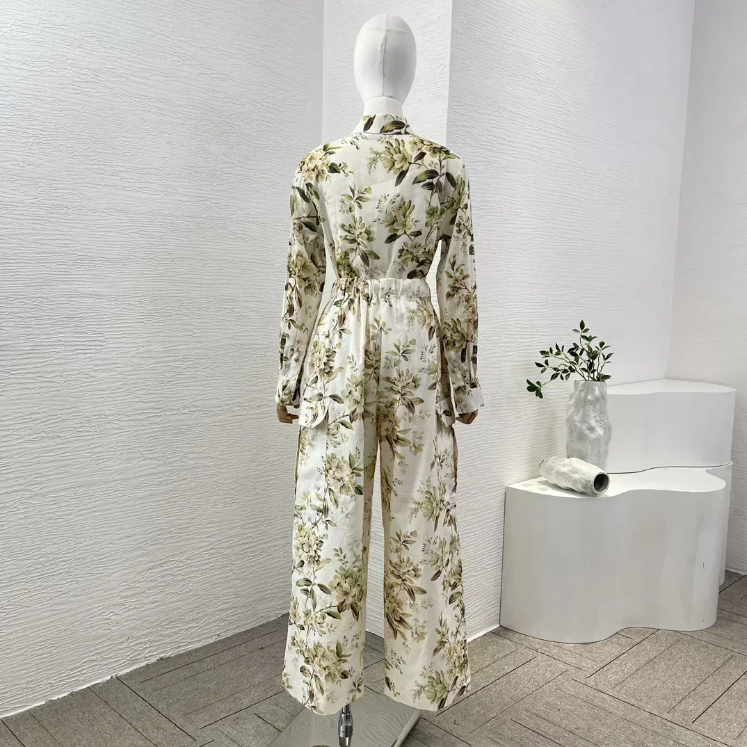 2024 New Collection White Green Floral Leaf Print Long Sleeve Turn Down Collar Blouse Tops and Wide Leg Pants Set for Holiday